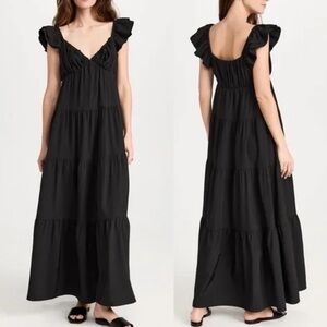 English Factory Black Tiered Maxi Dress Flutter Sleeve Poplin Sz Large
